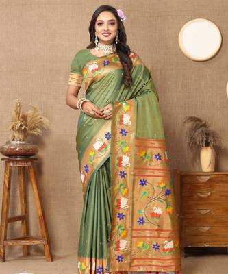 Green paithani art silk blend woven meenakari saree 1