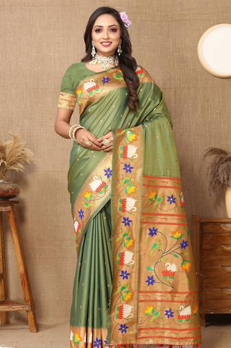 Green paithani art silk  woven meenakari saree