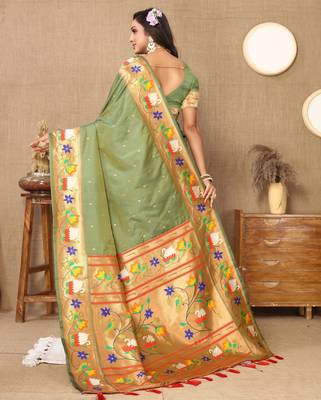 Green paithani art silk blend woven meenakari saree 2