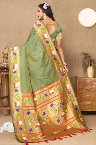 Green paithani art silk blend woven meenakari saree