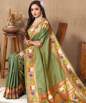 Green paithani art silk blend woven meenakari saree 3