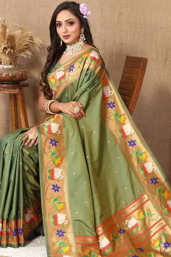 Green paithani art silk blend woven meenakari saree