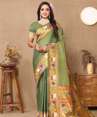 Green paithani art silk blend woven meenakari saree 4