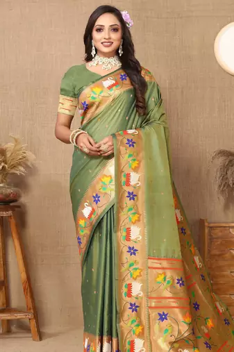 Green paithani art silk blend woven meenakari saree