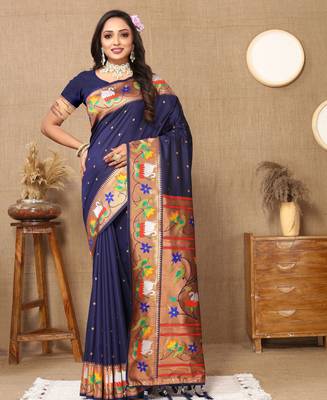 Navy blue paithani art silk blend woven meenakari saree 1