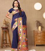 Navy blue paithani art silk  woven meenakari saree