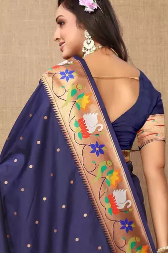 Navy blue paithani art silk blend woven meenakari saree