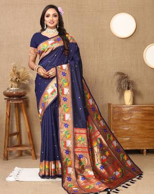 Navy blue paithani art silk blend woven meenakari saree 3