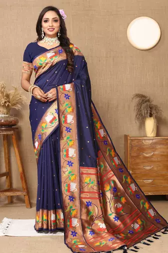 Navy blue paithani art silk blend woven meenakari saree