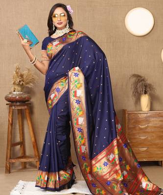 Navy blue paithani art silk blend woven meenakari saree 4