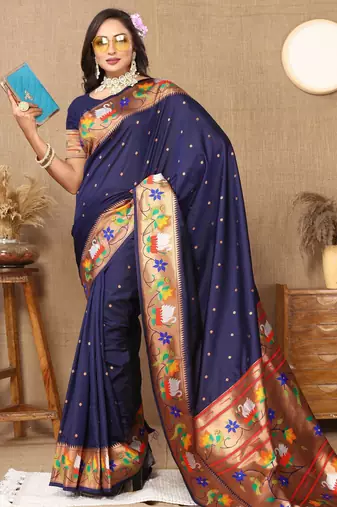 Navy blue paithani art silk blend woven meenakari saree