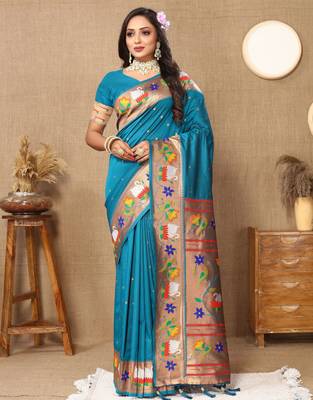 Teal blue paithani art silk blend woven meenakari saree 1