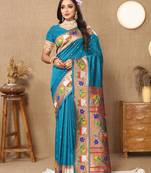 Teal blue paithani art silk woven meenakari saree