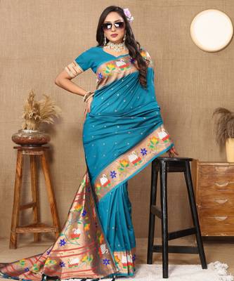Teal blue paithani art silk blend woven meenakari saree 3