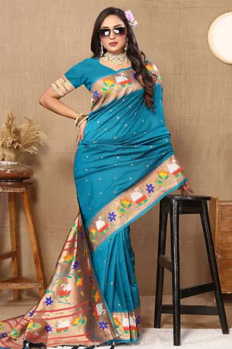 Teal blue paithani art silk blend woven meenakari saree