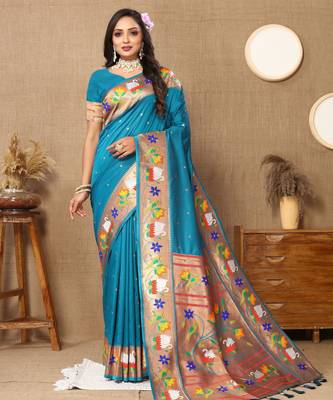 Teal blue paithani art silk blend woven meenakari saree 4