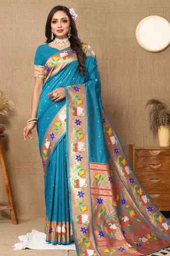 Teal blue paithani art silk blend woven meenakari saree