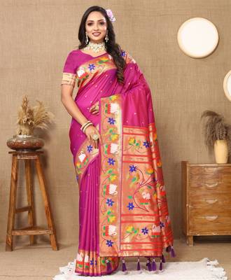 Magenta paithani art silk blend woven meenakari saree 1