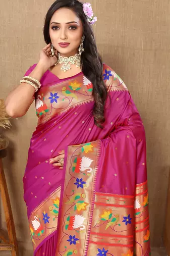 Magenta paithani art silk blend woven meenakari saree