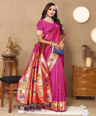 Magenta paithani art silk blend woven meenakari saree 4