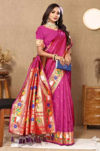 Magenta paithani art silk blend woven meenakari saree