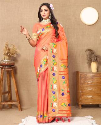 Orange paithani art silk blend woven meenakari saree 1