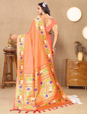 Orange paithani art silk blend woven meenakari saree 2