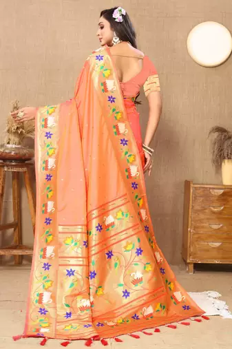 Orange paithani art silk blend woven meenakari saree
