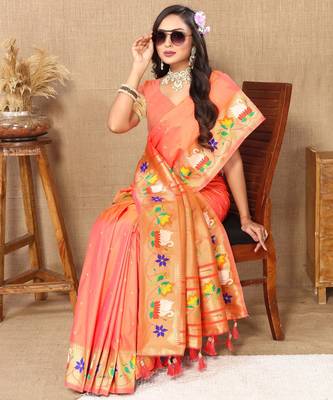 Orange paithani art silk blend woven meenakari saree 4