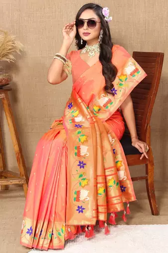 Orange paithani art silk blend woven meenakari saree