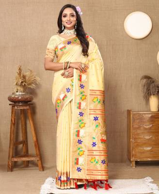 Light yellow paithani art silk blend woven meenakari saree 1