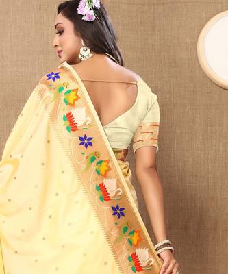 Light yellow paithani art silk blend woven meenakari saree 2