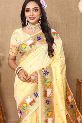 Light yellow paithani art silk blend woven meenakari saree 3