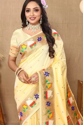 Light yellow paithani art silk blend woven meenakari saree