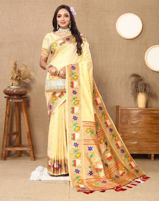 Light yellow paithani art silk blend woven meenakari saree 4