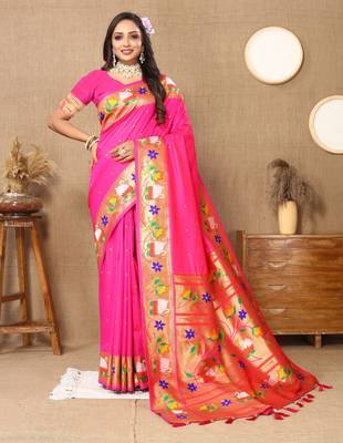 Pink paithani art silk blend woven meenakari saree 1