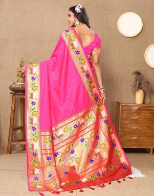 Pink paithani art silk blend woven meenakari saree 2