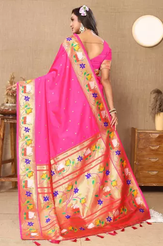 Pink paithani art silk blend woven meenakari saree