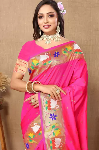 Pink paithani art silk blend woven meenakari saree