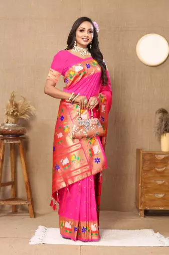 Pink paithani art silk blend woven meenakari saree