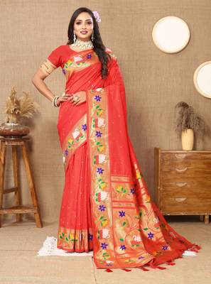 Red paithani art silk blend woven meenakari saree 1
