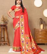 Red paithani art silk woven meenakari saree