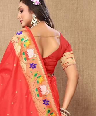 Red paithani art silk blend woven meenakari saree 2