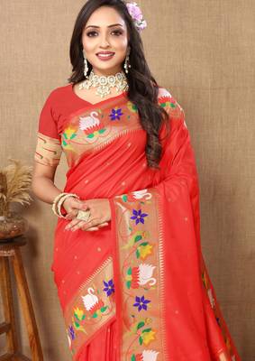 Red paithani art silk blend woven meenakari saree 3