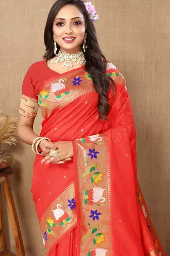 Red paithani art silk blend woven meenakari saree