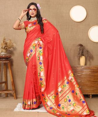 Red paithani art silk blend woven meenakari saree 4