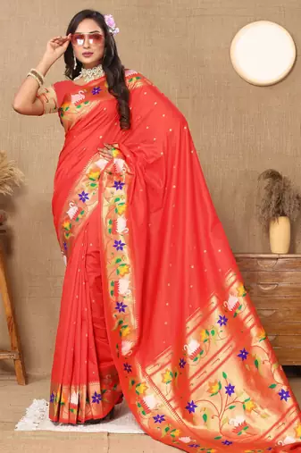 Red paithani art silk blend woven meenakari saree