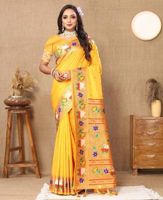 Yellow paithani art silk blend woven meenakari saree 1
