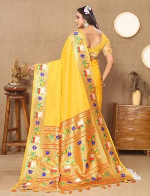 Yellow paithani art silk blend woven meenakari saree 2