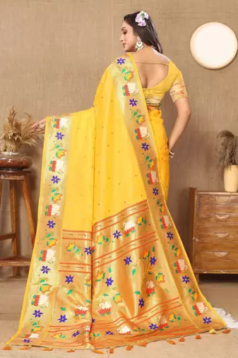 Yellow paithani art silk blend woven meenakari saree